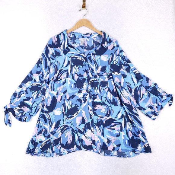 Catherines Plus Size Blouse 2X 22/24W Blue Pink Floral Tunic Top Tie Sleeve - Picture 1 of 7